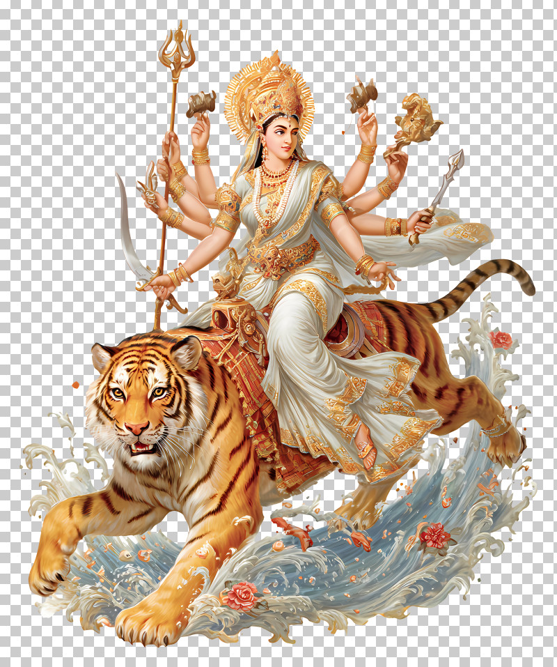 Durga Maa - Durga Riding Tiger Illustration PNG