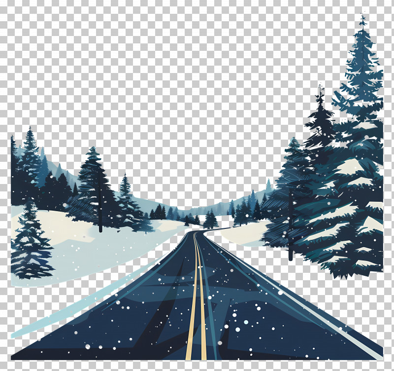 Winter Road Background - Snow-Covered Winter Road With Evergreen Trees PNG