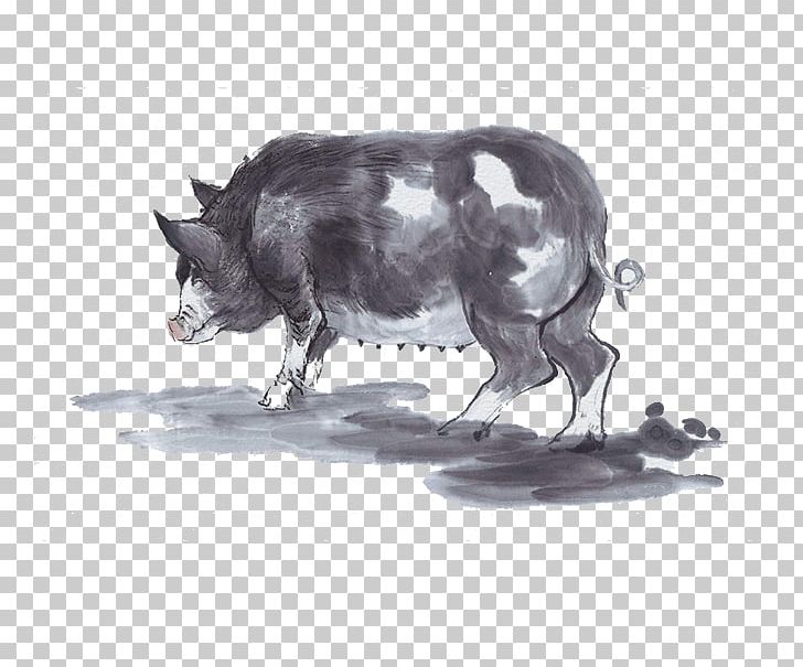Domestic Pig Ink Wash Painting Chinese Zodiac PNG, Clipart, Animals, Birdandflower Painting, Black And White, Chinese Painting, Chinese Zodiac Free PNG Download