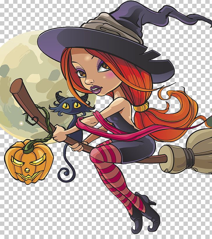 Halloween Witch Illustration PNG, Clipart, Black Cat, Broom, Cartoon, Cartoon Illustration, Decorative Patterns Free PNG Download