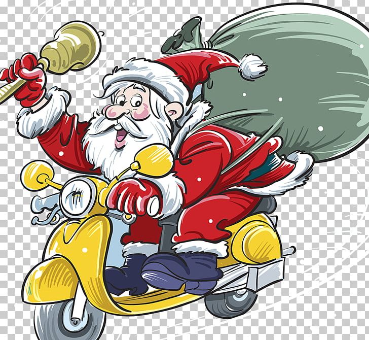 Santa Claus Scooter Christmas Gift Illustration PNG, Clipart, Advertisement, Advertisement Design, Cartoon, Christmas Present, Comics Free PNG Download