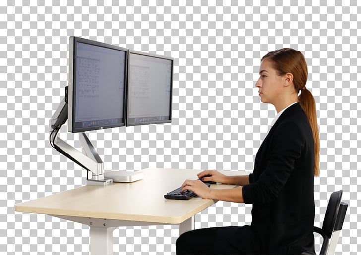 Sit-stand Desk Computer Monitors Sitting PNG, Clipart, Business, Computer, Computer Desk, Computer Monitor Accessory, Computer Operator Free PNG Download