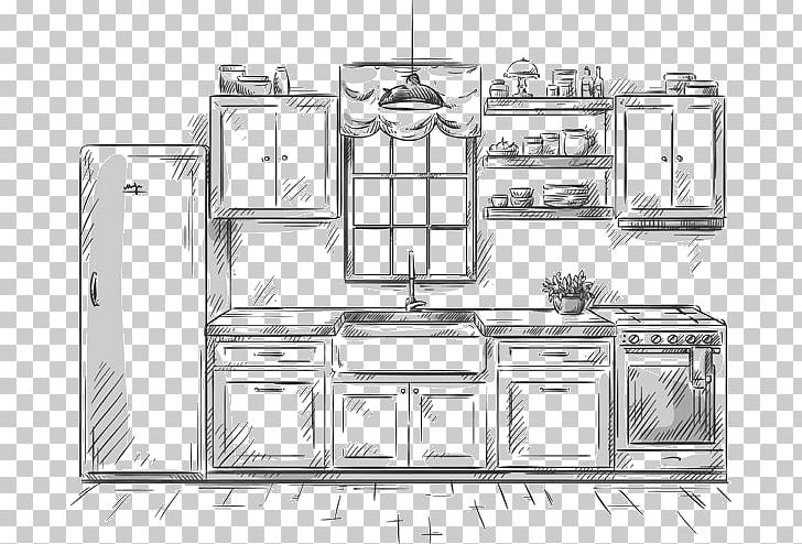 Sketch outline drawing of 3d contemporary corner kitchen interior black and  white Stock Illustration  Adobe Stock