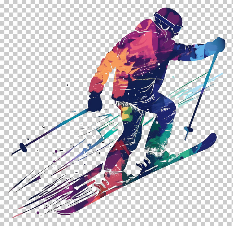 Freestyle Skiing Man Silhouette - Colorful Skier In Dynamic Skiing Pose PNG
