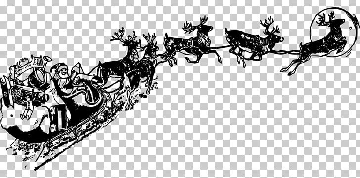 Santa Claus Reindeer Sled Christmas PNG, Clipart, Art, Black And White, Christmas, Christmas Card, Drawing Free PNG Download