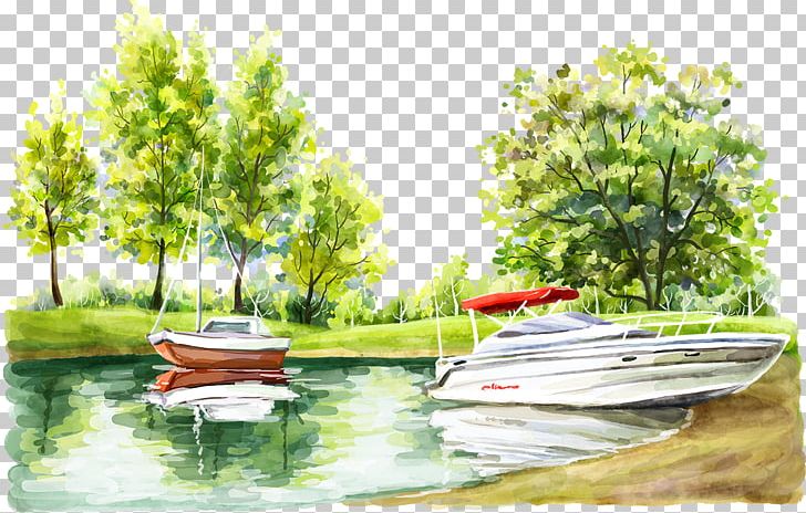 Cartoon Watercolor Painting Illustration PNG, Clipart, Beautiful, Boating, Comics, Grass, Landscape Free PNG Download