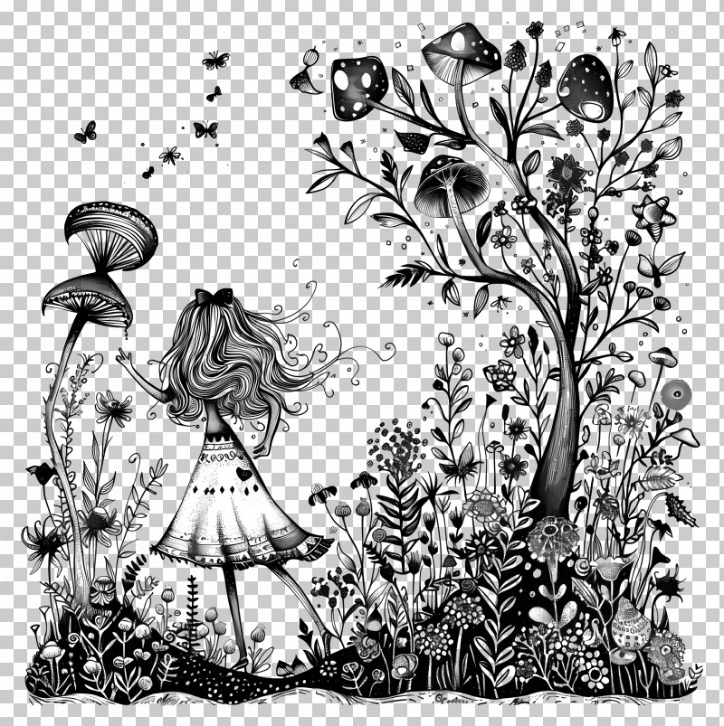 Midsummer - Whimsical Girl In Nature Illustration PNG