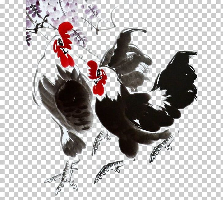 Chicken Rooster Ink Wash Painting Chinese Painting Gongbi PNG, Clipart, Animals, Beak, Big Cock, Bird, Chicken Wings Free PNG Download