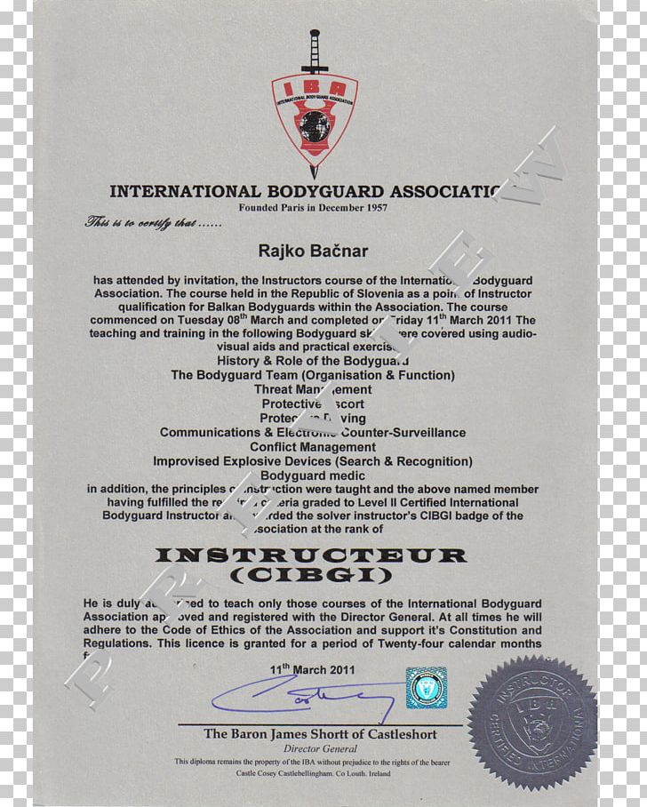 Bodyguard Organization Document Certification Badge PNG, Clipart, Academic Certificate, Badge, Balkans, Bodyguard, Certification Free PNG Download