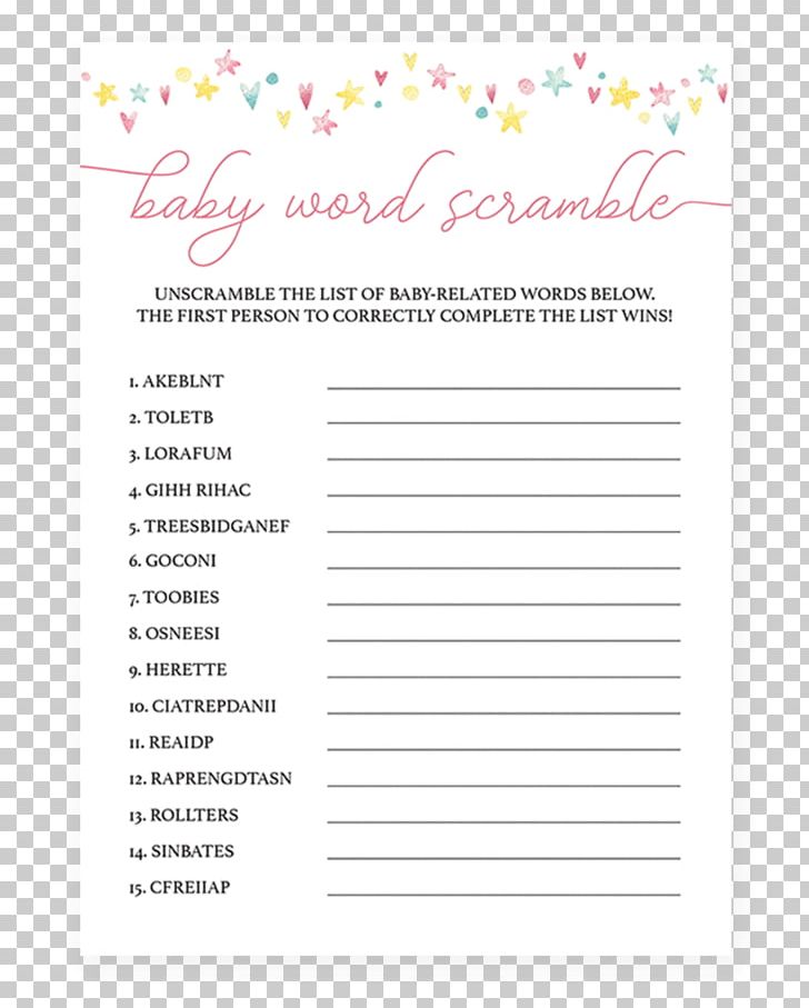 Paper Game Oriental Trading Company Baby Shower Word Scramble Scrabble PNG, Clipart, Baby Shower, Form, Game, Infant, Line Free PNG Download