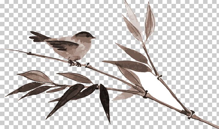 Bamboo Ink Wash Painting Drawing PNG, Clipart, Bamboo Tree, Beak, Bird, Bird Cage, Birds Free PNG Download