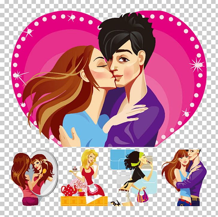 Kiss Illustration PNG, Clipart, Black Hair, Cartoon, Couple, Fictional Character, Friendship Free PNG Download