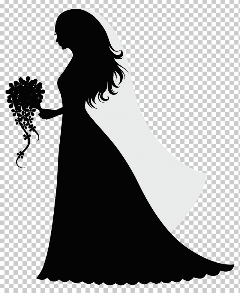 Silhouette Dress Gown Black-and-white Long Hair PNG, Clipart, Blackandwhite, Black Hair, Dress, Gown, Long Hair Free PNG Download