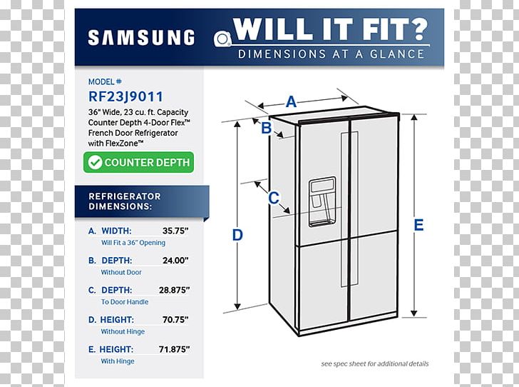 Samsung RS22HDHPN 22 Cu. Ft. Counter Depth Side-By-Side Refrigerator Samsung RF23HCEDB Cubic Foot PNG, Clipart, Angle, Area, Cubic Foot, Diagram, Dimention Free PNG Download