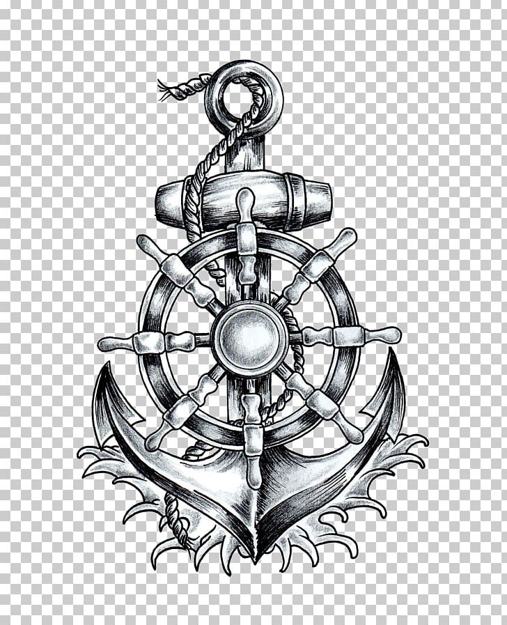 Anchor T-shirt Ship's Wheel Tattoo Drawing PNG, Clipart, Anchor, Black And White, Body Jewelry, Drawing, Maritime Transport Free PNG Download