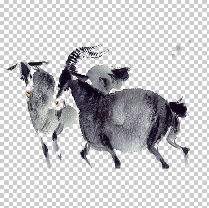 Sheep Ink Wash Painting Goat Watercolor Painting PNG, Clipart, Animals, Buckle, Chinese Painting, Cow Goat Family, Download Free PNG Download