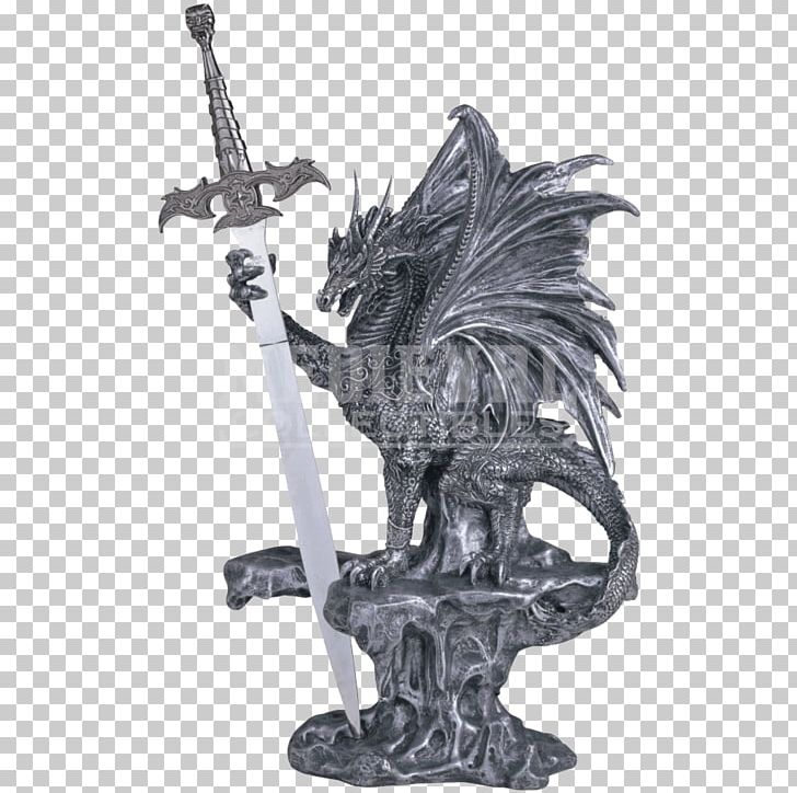 Figurine Statue Dragon Knife Medieval Fantasy PNG, Clipart, Black And White, Collectable, Decorative Arts, Dragon, Fantasy Free PNG Download