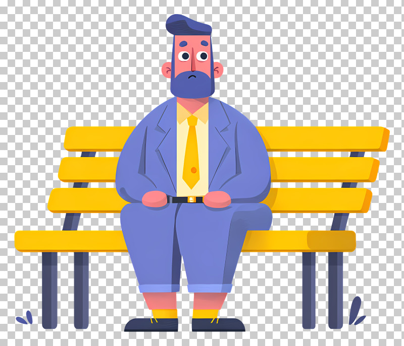 Depressed Businessman Feeling Sad - Cartoon Man Sitting On Yellow Bench PNG