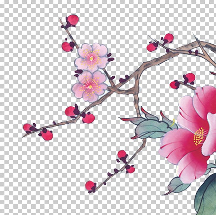 Chinoiserie Ink Wash Painting Illustration PNG, Clipart, Branch, Cherry Blossom, Cherry Blossoms, Chinese Border, Chinese Lantern Free PNG Download