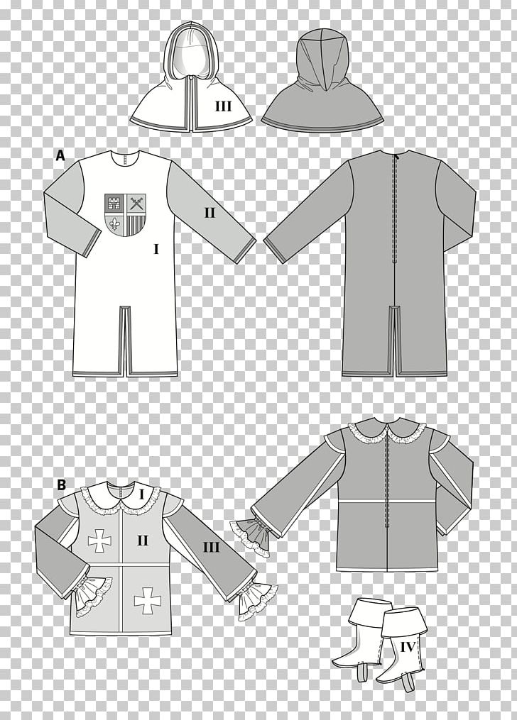 T-shirt Middle Ages Dress Medieval Clothing Pattern PNG, Clipart, Angle, Black And White, Cloak, Clothing, Collar Free PNG Download