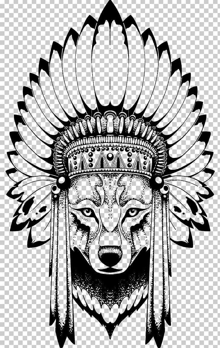 Indian Wolf Sleeve Tattoo War Bonnet Indigenous Peoples Of The Americas PNG, Clipart, Black And White, Feather, Fictional Character, Flower, Head Free PNG Download