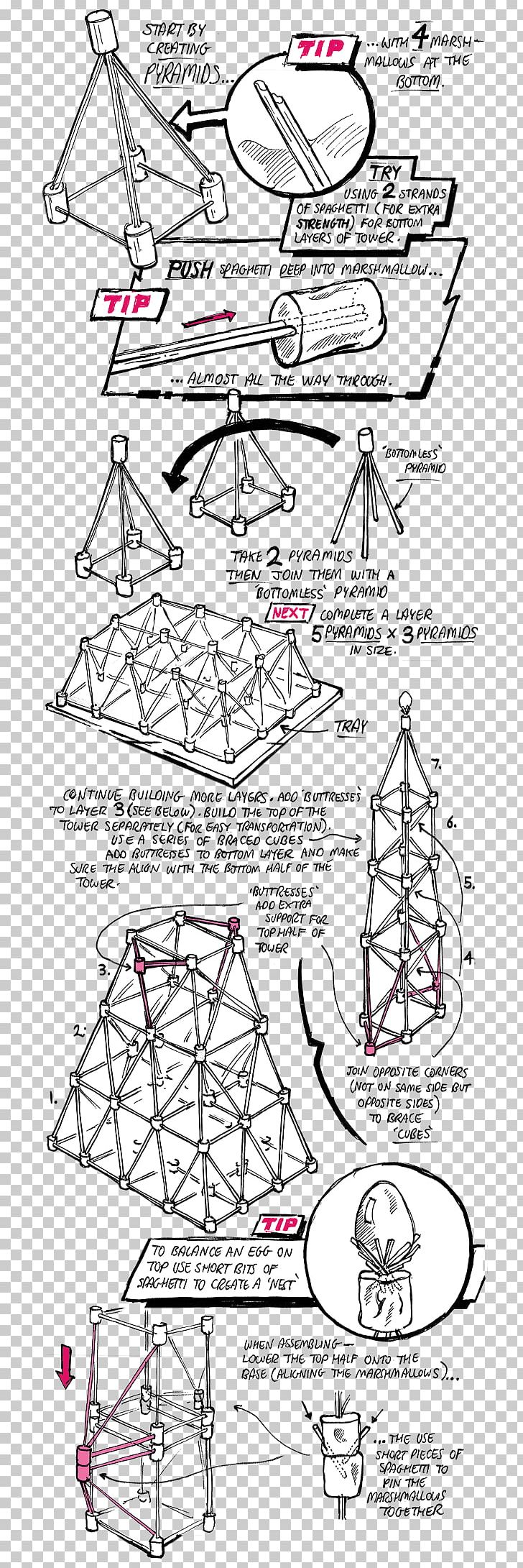 Pasta Spaghetti Bridge Marshmallow Tower PNG, Clipart, Angle, Area, Artwork, Black And White, Diagram Free PNG Download