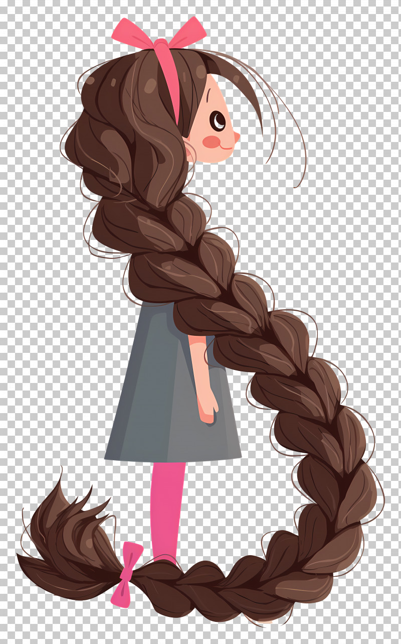 Long Braided Hair - Cartoon Girl With Long Brown Braid And Pink Bows ...