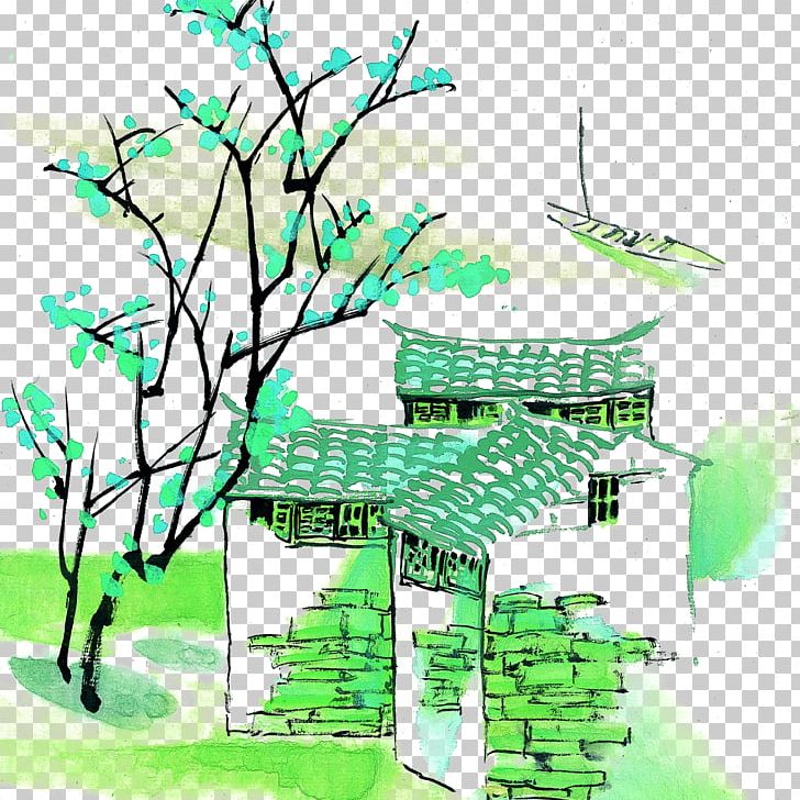 Green Jiangnan Water Village PNG, Clipart, Blue, Branch, Chinese Painting, Decora, Flower Free PNG Download