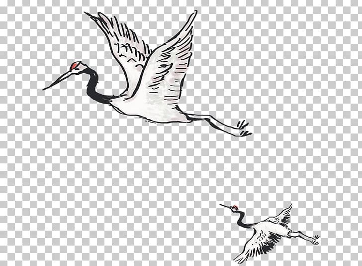 Crane Ink Wash Painting PNG, Clipart, Beak, Bird, Bird Migration, Black And White, Chinese Style Free PNG Download