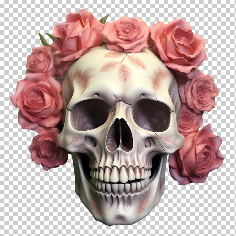 Skull Rose - Artistic Skull With Floral Rose Wreath PNG