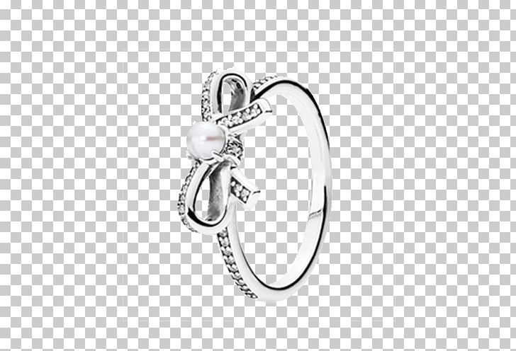 Pandora Ring Sterling Silver Cubic Zirconia Pearl PNG, Clipart, Black And White, Body Jewelry, Bow, Bow Ring, Bows Free PNG Download