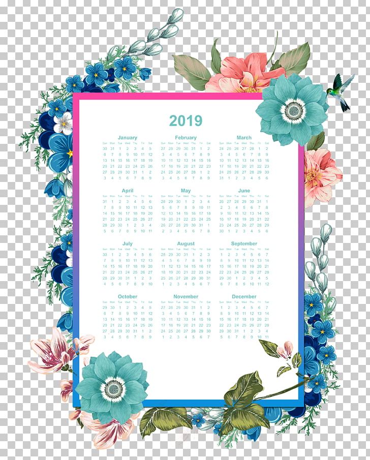Year 2019 Calendar Printable With Floral Watercolo PNG, Clipart, Art, Borders And Frames, Calendar, Flora, Floral Design Free PNG Download