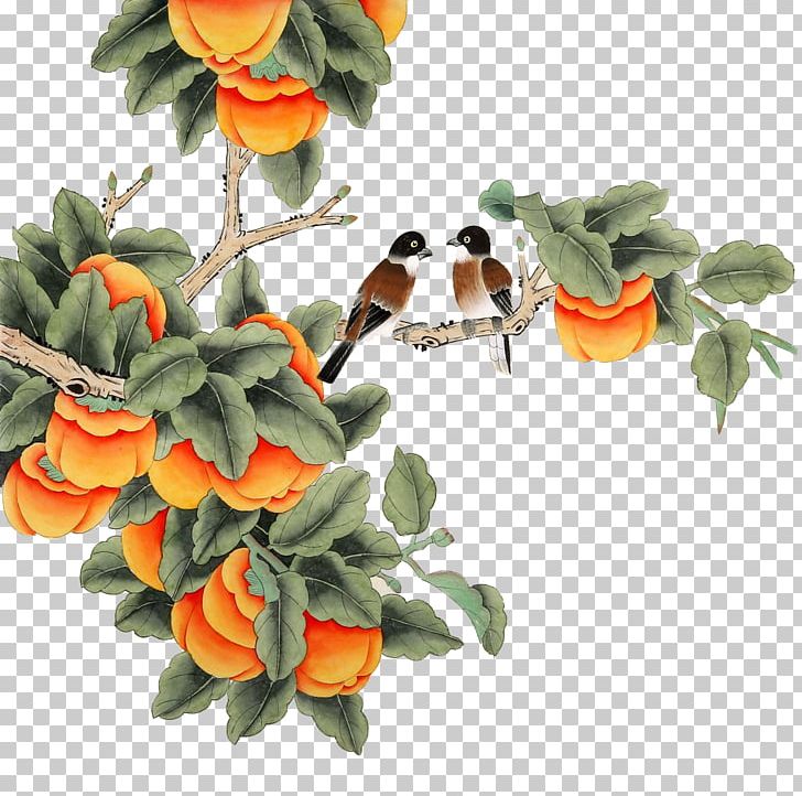Japanese Persimmon Chinese Painting Gongbi PNG, Clipart, Art, Artificial Flower, Bird, Flower, Fruit Free PNG Download