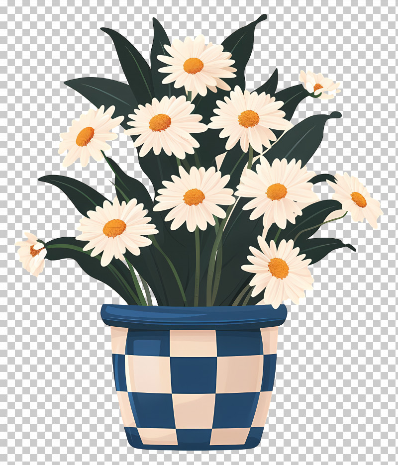 Daisies In Pot - Potted Daisies In Checkered Planter PNG