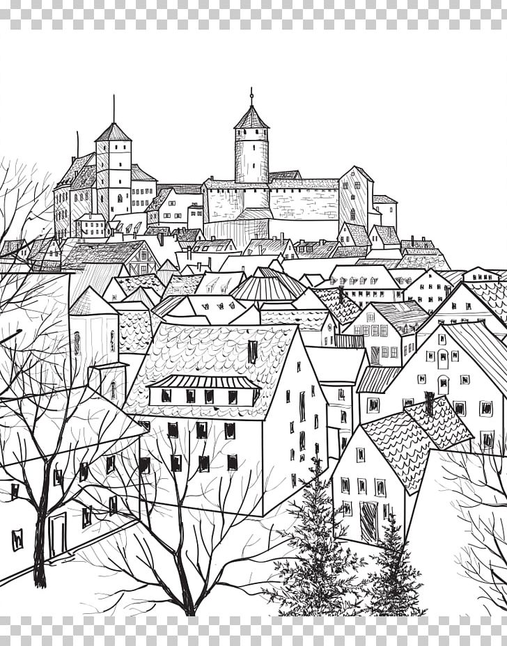 Drawing Castle Sketch PNG, Clipart, Area, Artwork, Black And White, Castle, Cityscape Free PNG Download