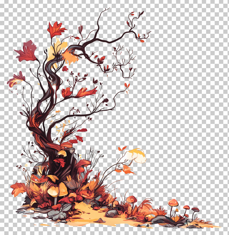 Autumn Nature - Artistic Autumn Tree And Mushroom Scene PNG