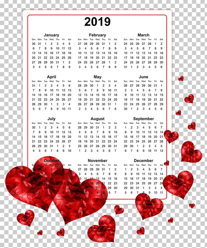 2019 Printable Calendars. PNG, Clipart, Calendar, Heart, Love, Text Free PNG Download