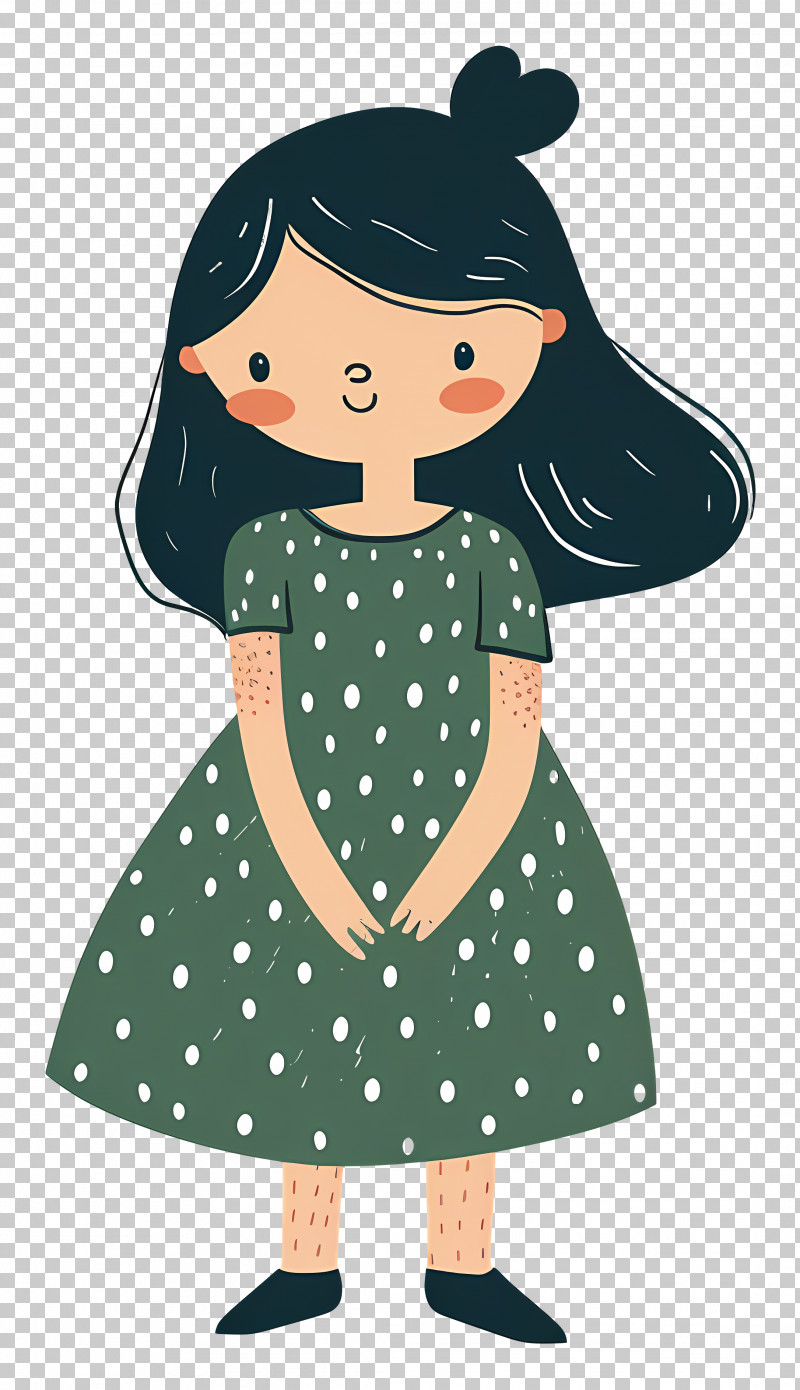 Beautiful Woman - Cartoon Girl In Green Polka Dot Dress PNG