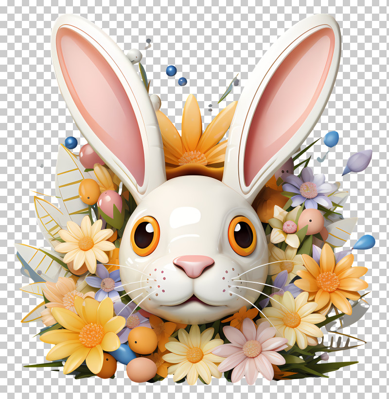 Bunny Ears With Daisy Flower - Bunny Surrounded By Flowers And Eggs PNG
