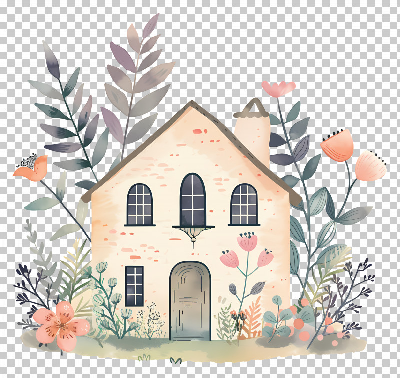 Autumn House - Charming House Surrounded By Flowers Illustration PNG