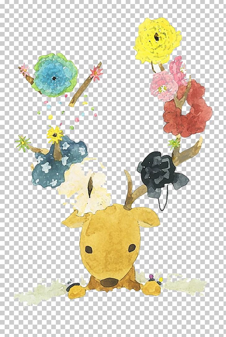 Deer Watercolour Flowers Watercolor Painting PNG, Clipart, Animals, Antler, Cartoon, Christmas Deer, Color Free PNG Download
