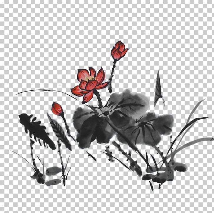 Nelumbo Nucifera Ink Wash Painting PNG, Clipart, Black, Black And White, Branch, Chinese Painting, Download Free PNG Download