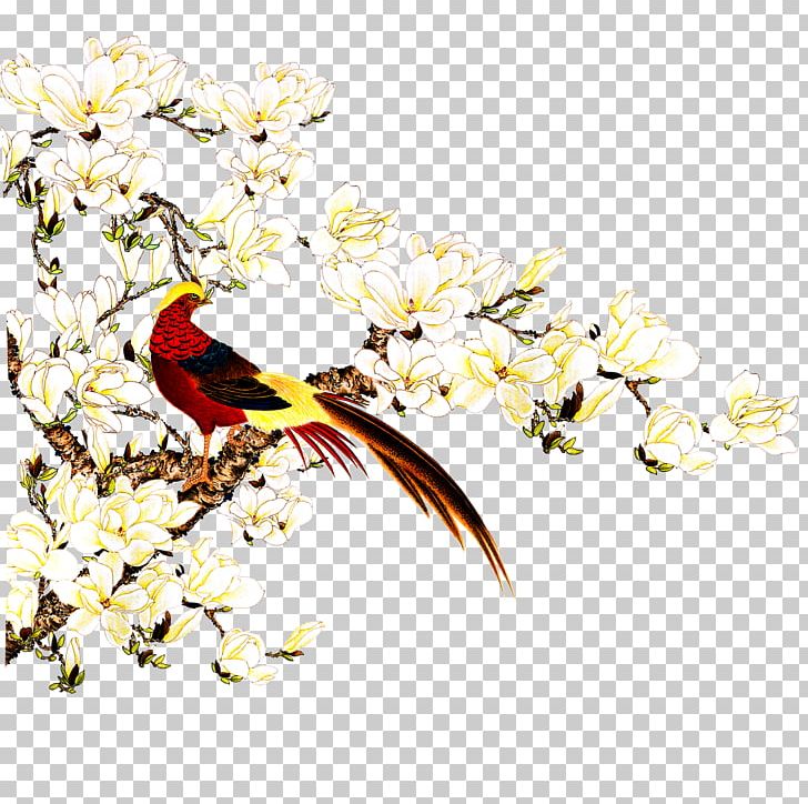 Bird-and-flower Painting Shan Shui Wall Mural PNG, Clipart, Bird, Branch, Chinese Style, Design, Flower Free PNG Download