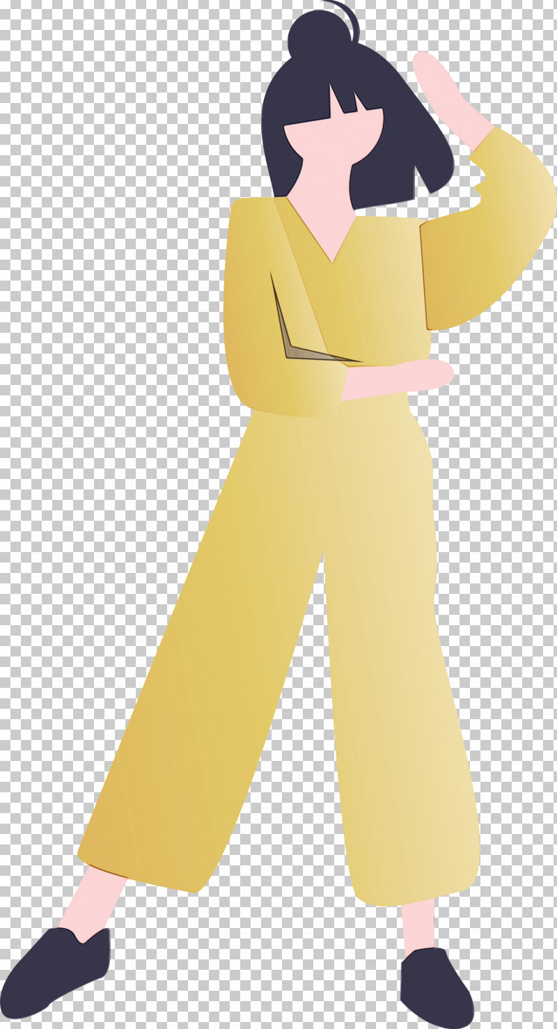 Yellow Standing Cartoon Costume Trousers PNG, Clipart, Cartoon, Costume, Modern Girl, Paint, Standing Free PNG Download