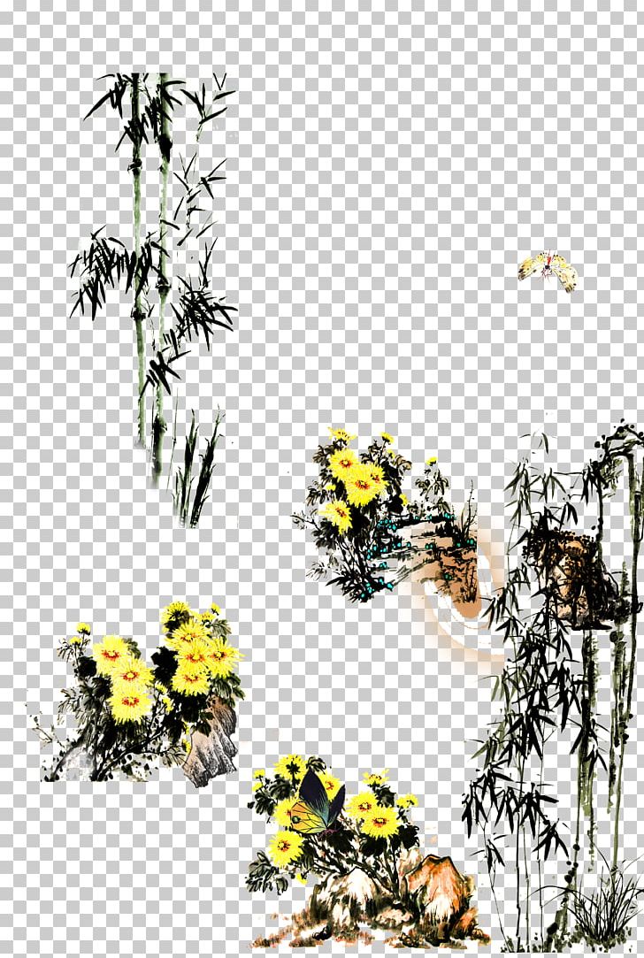 Floral Design Ink Wash Painting Chinese Painting Bamboo PNG, Clipart, Branch, Butterfly, Chrysanthemum, Download, Flora Free PNG Download