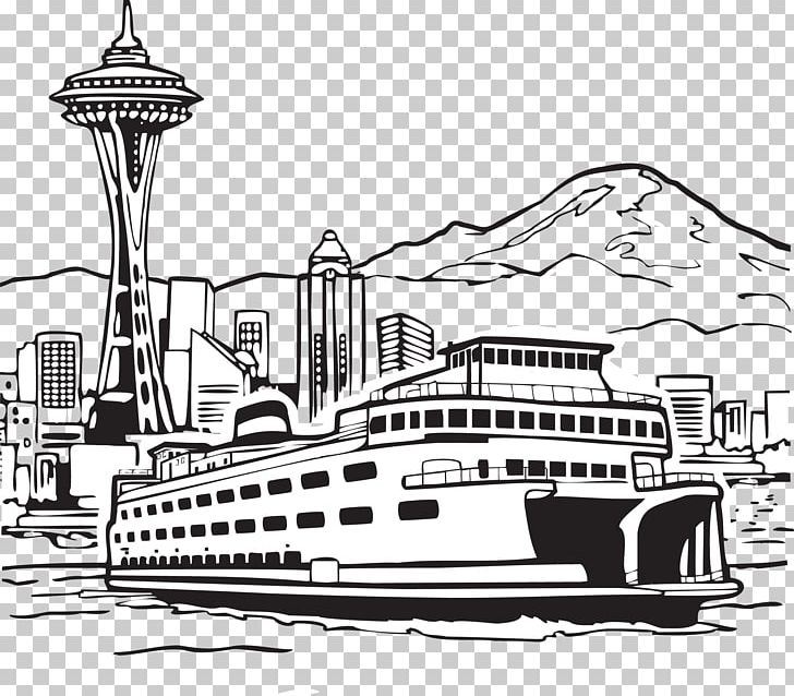 Space Needle Smith Tower Seattleu2013Bainbridge Ferry PNG, Clipart, City, Development, Ferry, Mode Of Transport, Monochrome Free PNG Download