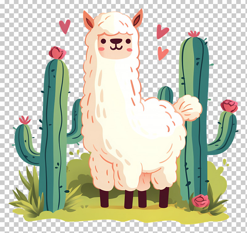 Alpaca Cartoon - Adorable Llama With Cacti PNG