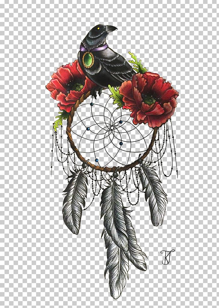 Dreamcatcher Bird Flower Tattoo Poppy PNG, Clipart, Beak, Bird, Blackandgray, Common Raven, Cut Flowers Free PNG Download