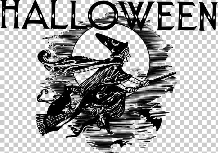 Post Cards Halloween Witch Cat Vintage PNG, Clipart, Album Cover, Art, Black And White, Black Cat, Brand Free PNG Download