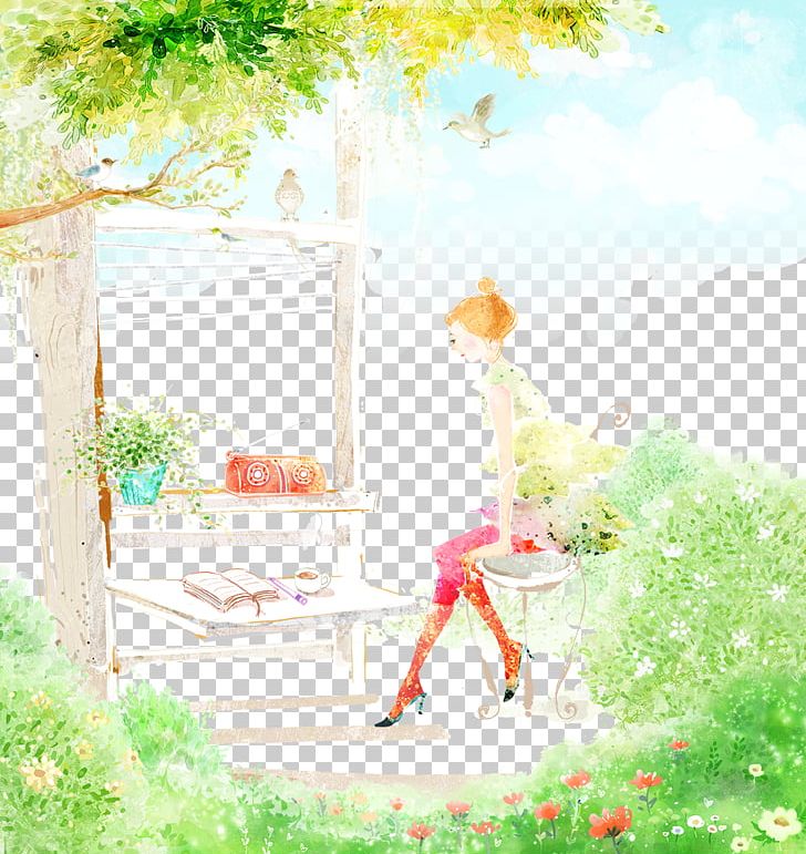 Young Woman Sewing In A Garden Watercolor Painting Fukei Landscape Painting Illustration PNG, Clipart, Abstract, Branch, Cartoon, Cartoon Characters, Child Free PNG Download